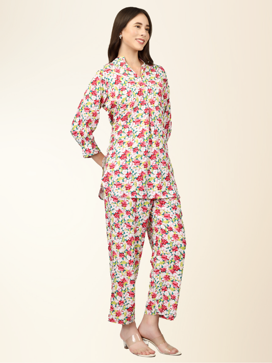 Floral Multicolor Co-ord Set – Soft Shirt & Pajama Nightwear for Women