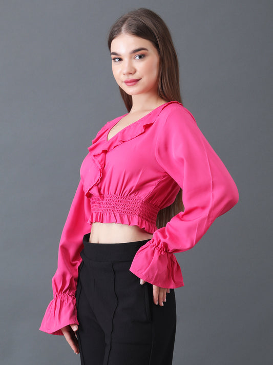 Pink Ruffled Crop Top with Smocked Waist