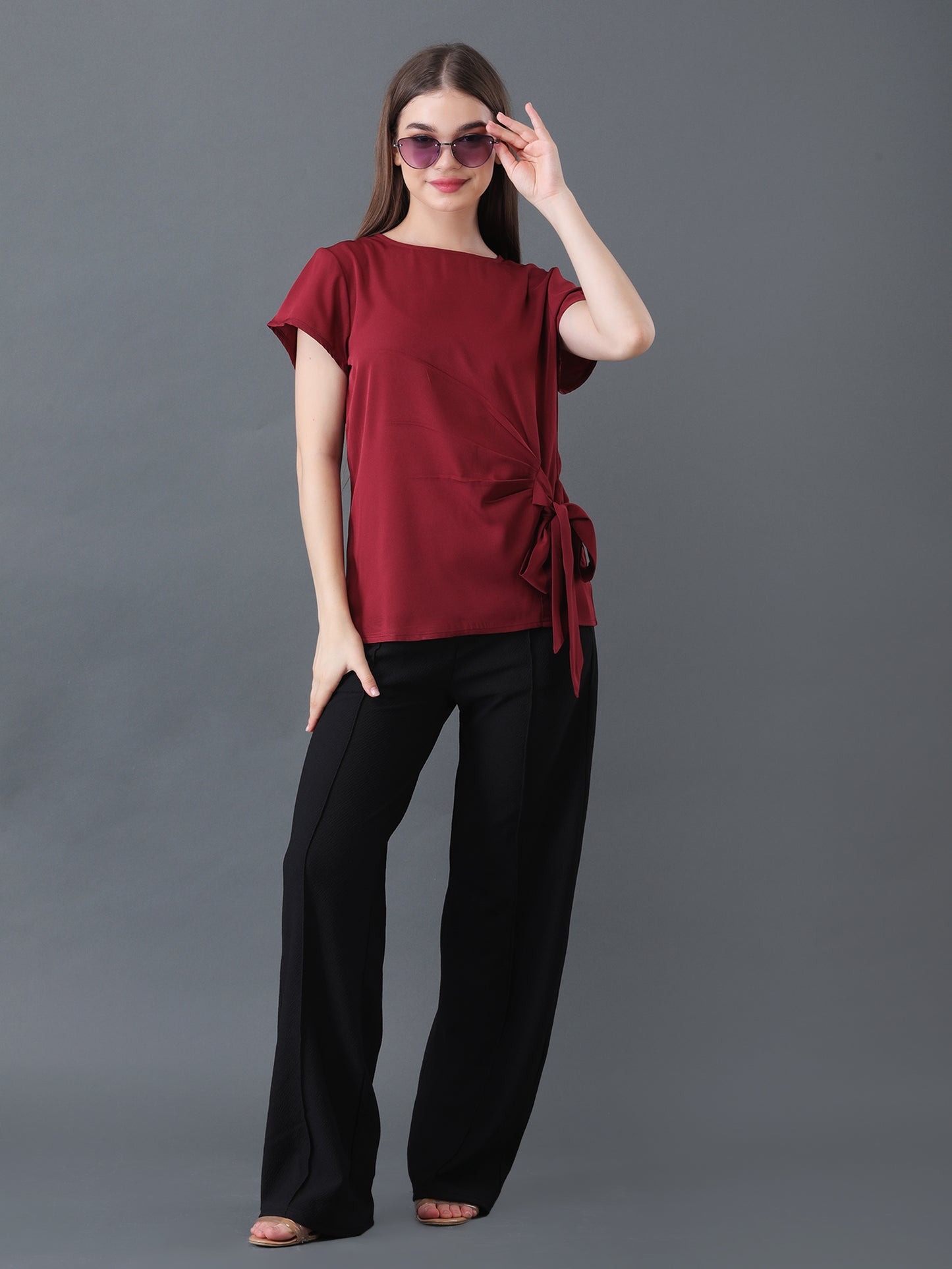 Maroon Short Sleeve Top with Side Tie