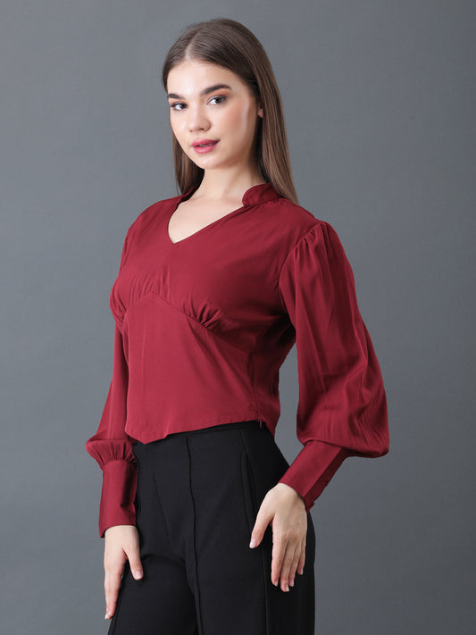 Women's Maroon V-Neck Long Sleeve Crop Top