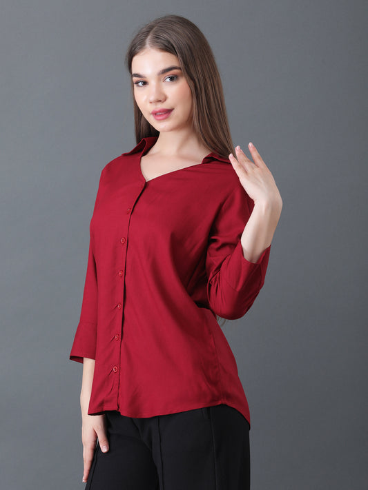 Women's Maroon Button Down Shirt with 3/4 Sleeves