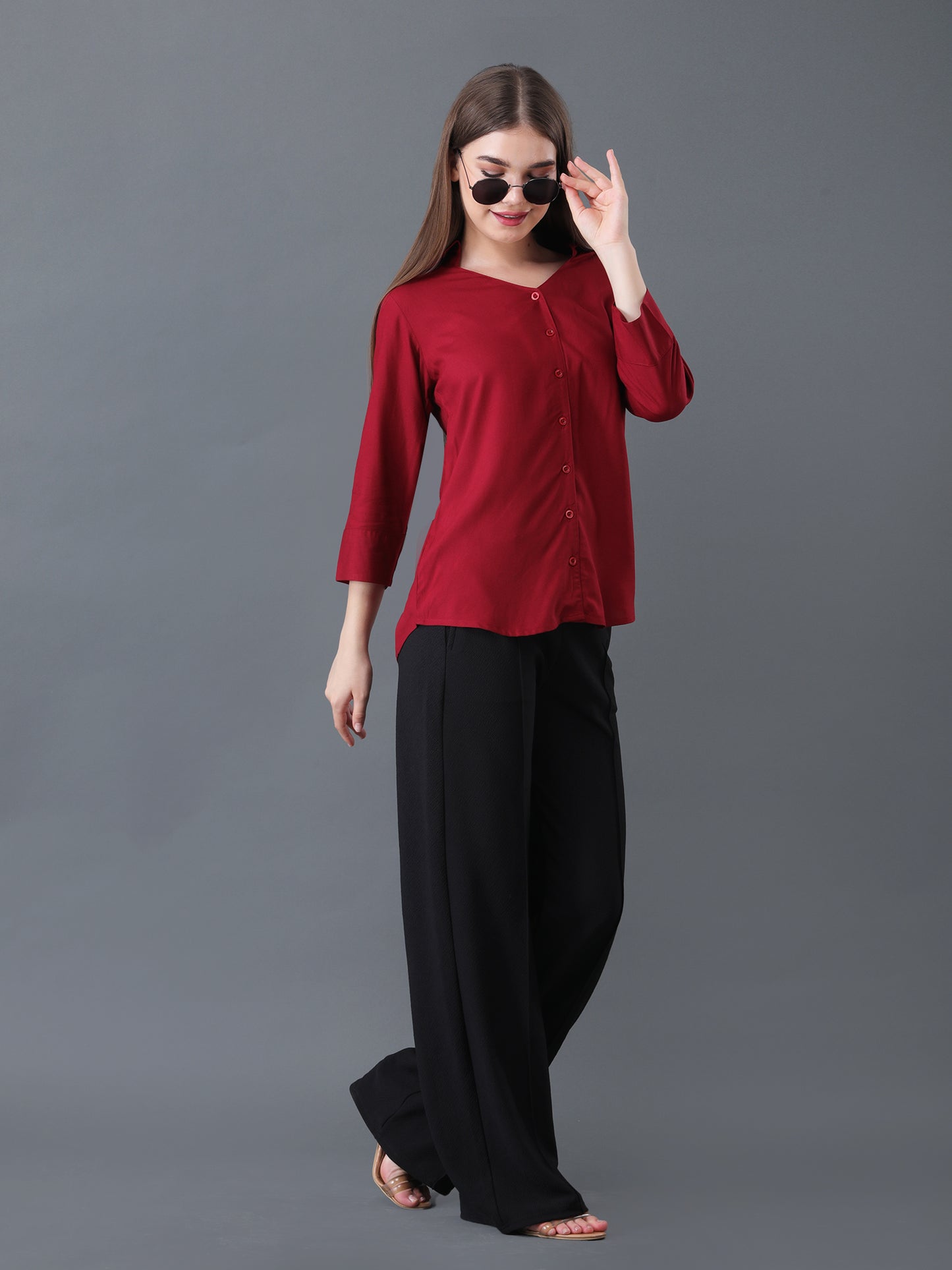 Women's Maroon Button Down Shirt with 3/4 Sleeves