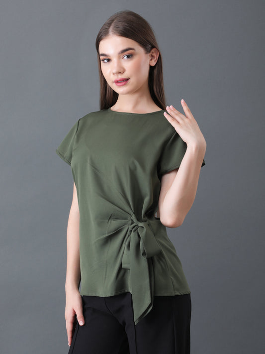 Olive Green Short Sleeve Top with Side Tie for Women