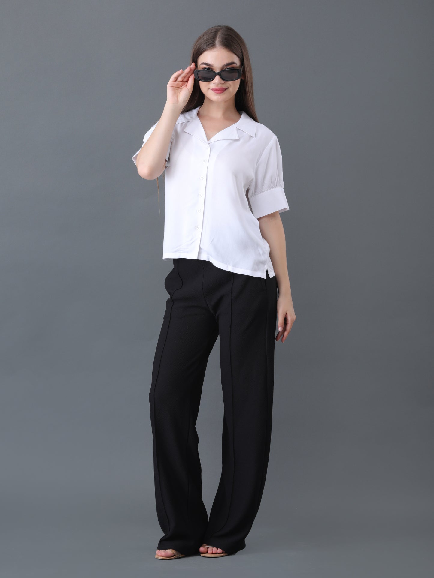 Women's White Button Down Shirt with Short Sleeves