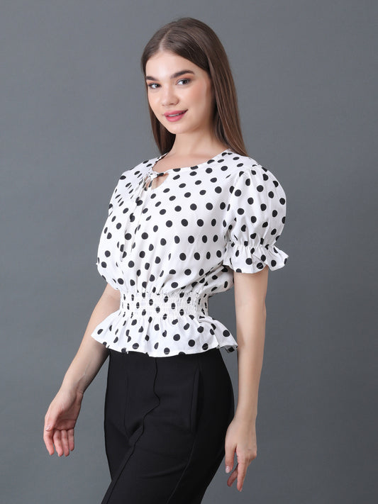 Women's White Polka Dot Short Sleeve Peplum Top