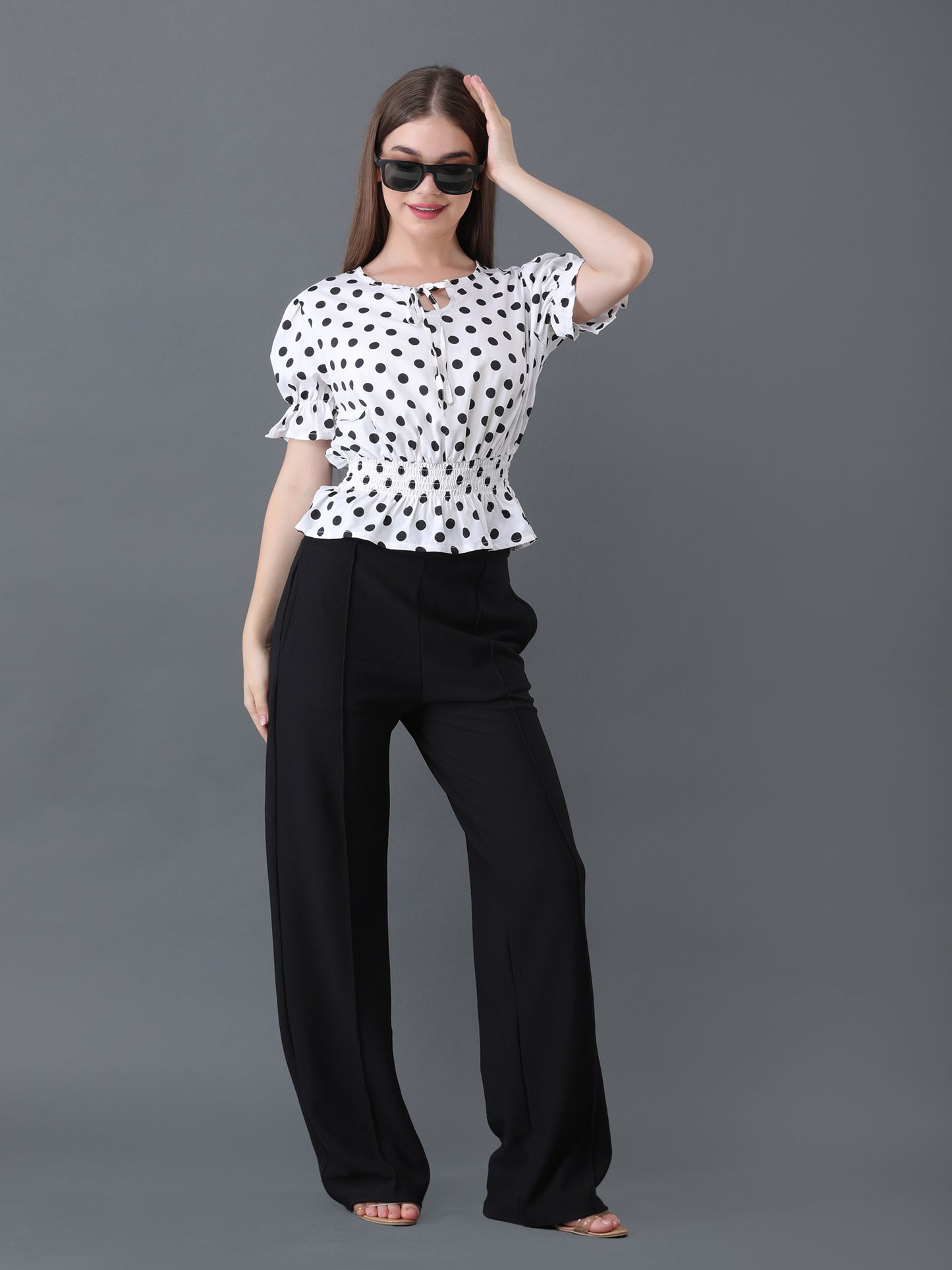 Women's White Polka Dot Short Sleeve Peplum Top