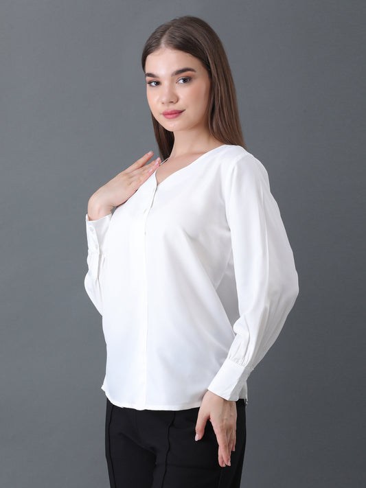 Women's White V-Neck Long Sleeve Shirt
