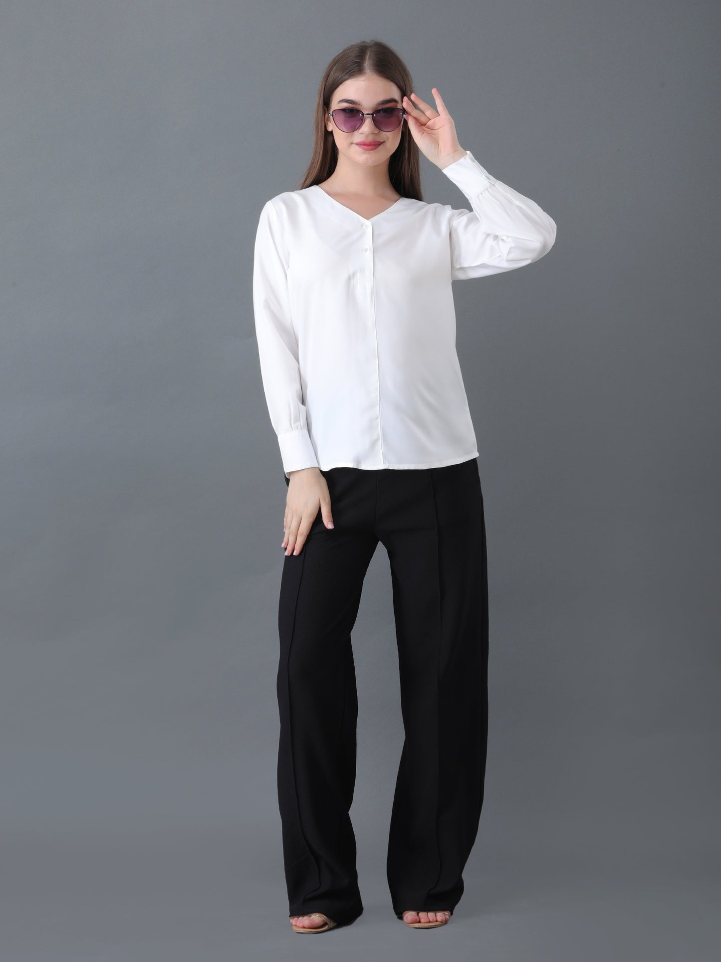 Women's White V-Neck Long Sleeve Shirt