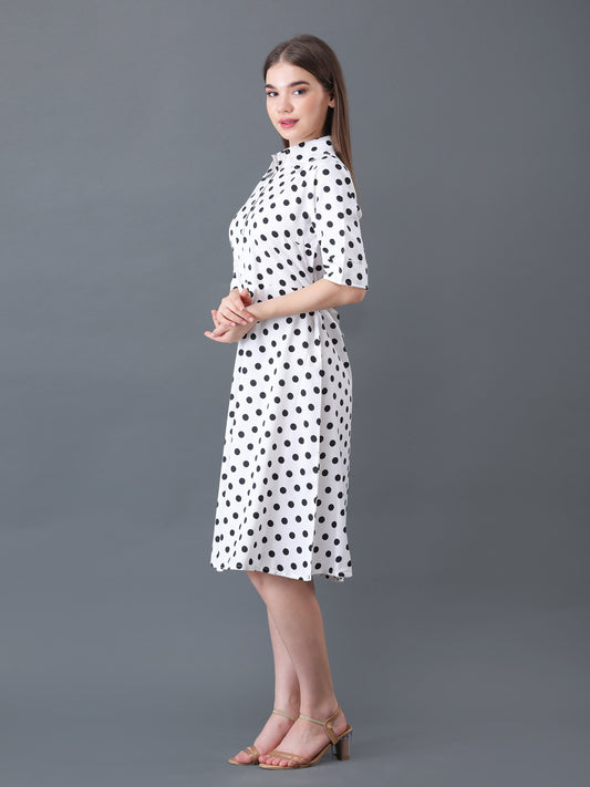 Women's White Polka Dot A-Line Midi Shirt Dress