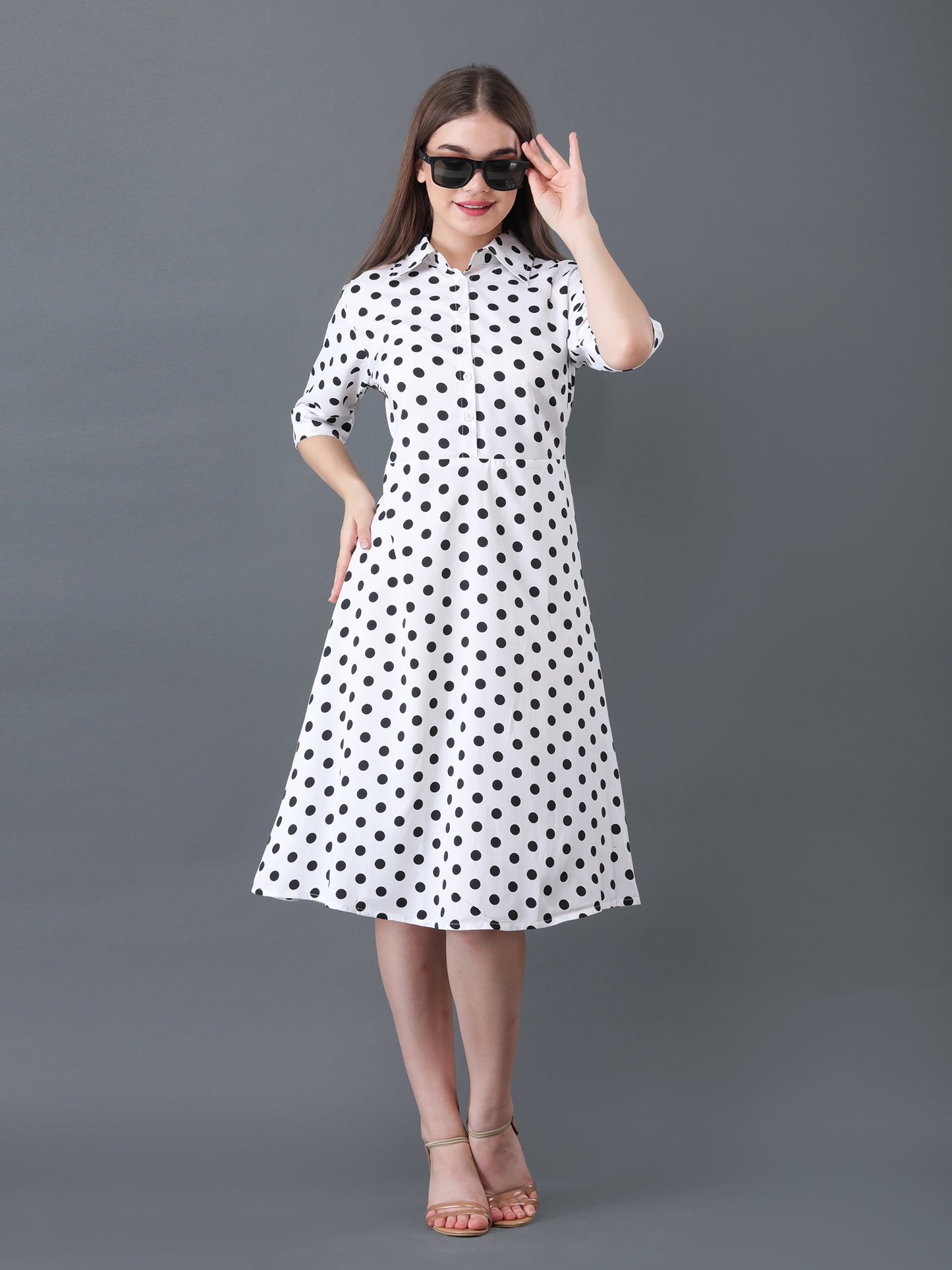 Women's White Polka Dot A-Line Midi Shirt Dress