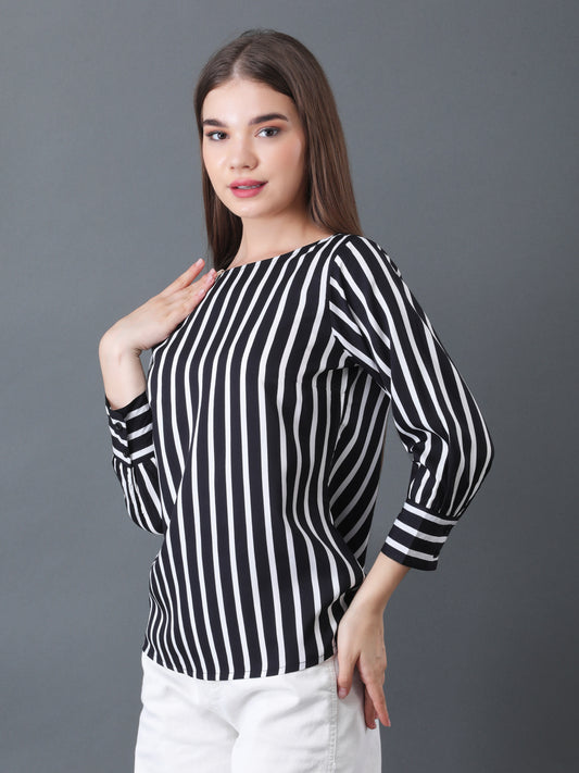 Women's Black and White Vertical Stripe Long Sleeve Top