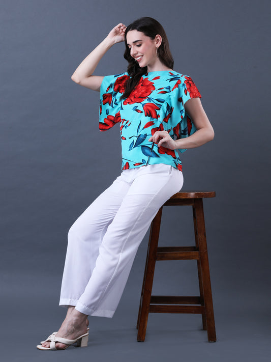 Women's Green and Red Floral Print Flutter Sleeve Top