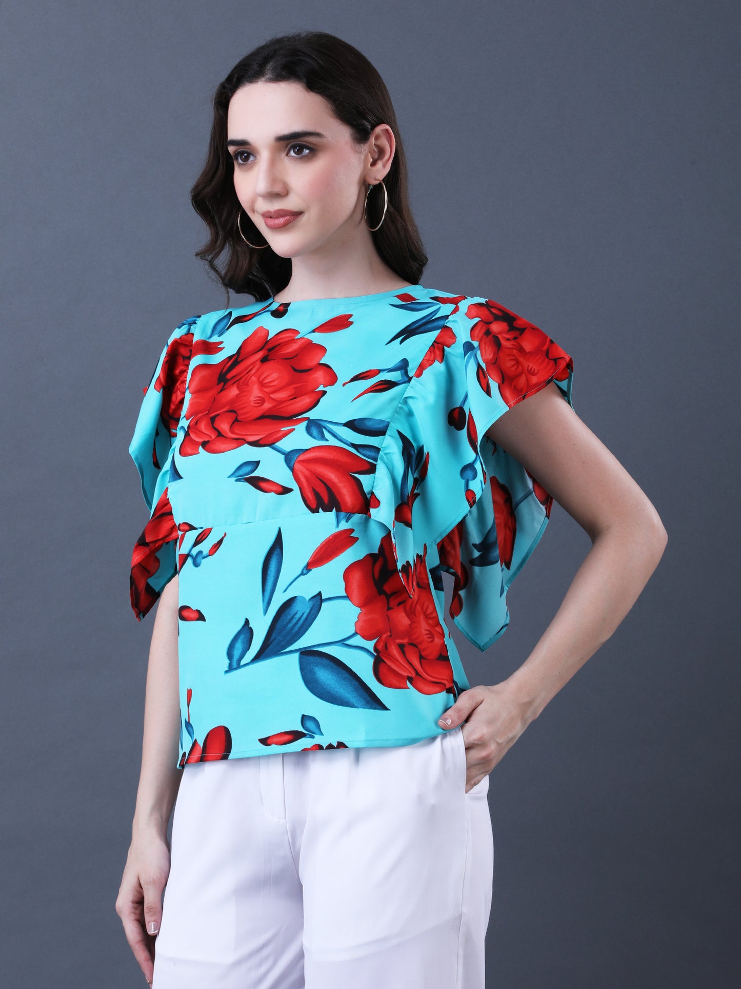 Women's Green and Red Floral Print Flutter Sleeve Top