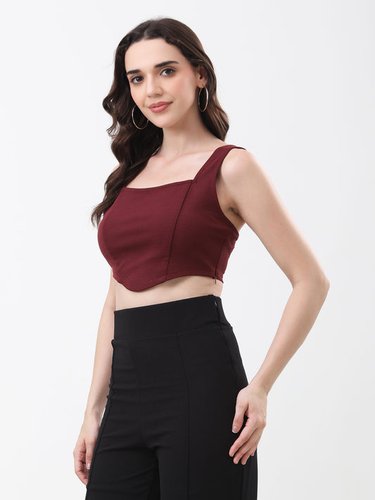 Women's Maroon Scoop Neck Sleeveless Crop Top