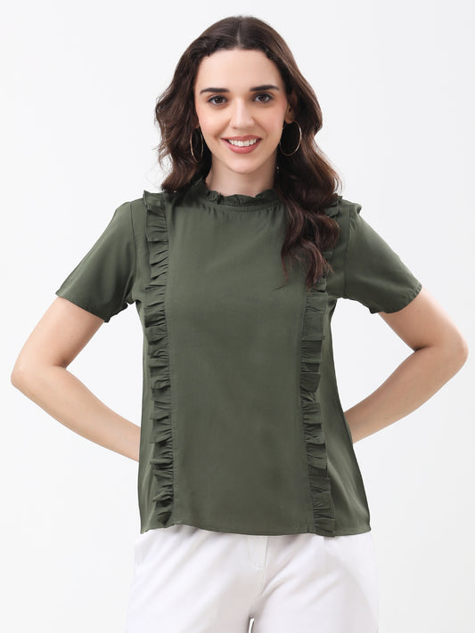 Women's Olive Green Ruffled Short Sleeve Top