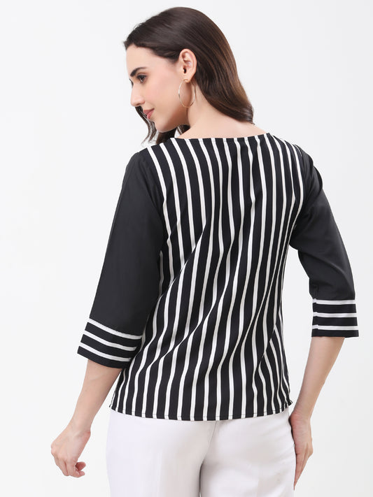 Women's Black and White Vertical Stripe 3/4 Solid Sleeve Top