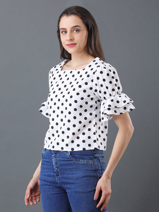 Bright White with Black dotted Ruffle Sleeve Top