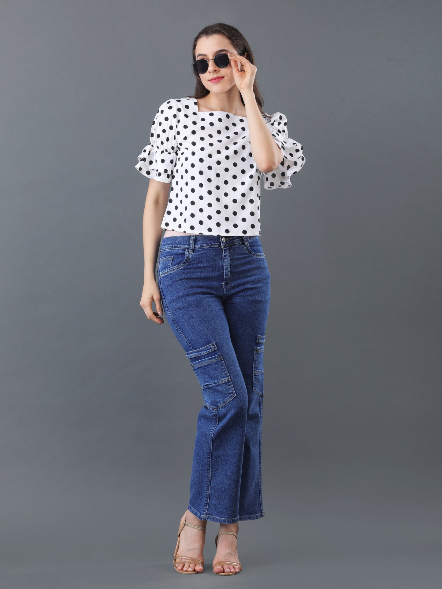 Bright White with Black dotted Ruffle Sleeve Top