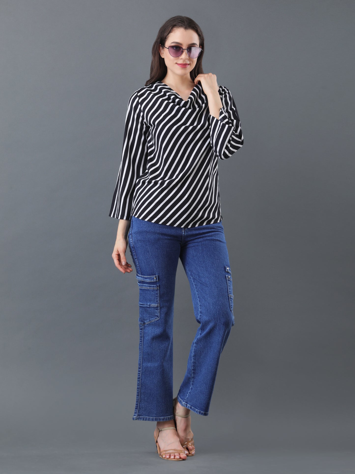 Black & White Striped Cowl neck Top