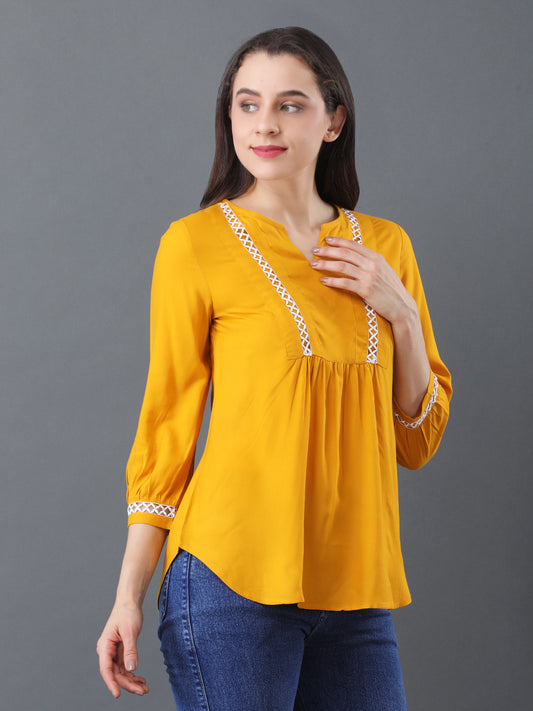 Lace Detail Flare Top – Mustard