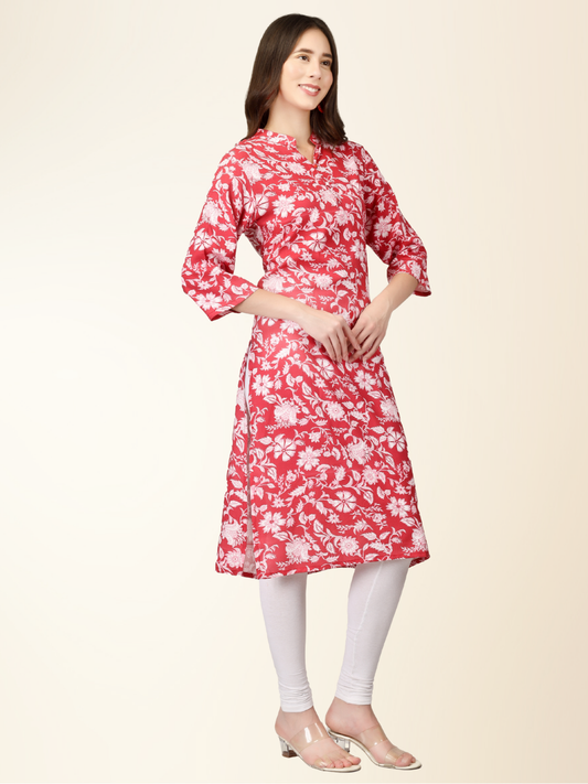 Red Floral Printed Straight Kurti – Elegant Rayon Blend for Everyday & Festive Wear
