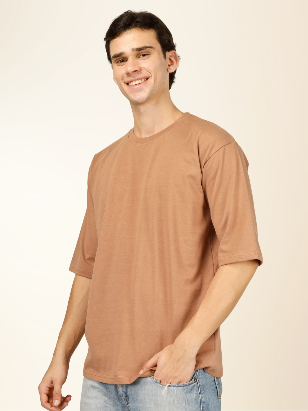 Men’s Oversized Graphic Cotton T-Shirt – Drop Shoulder Street Style Tee - Beige