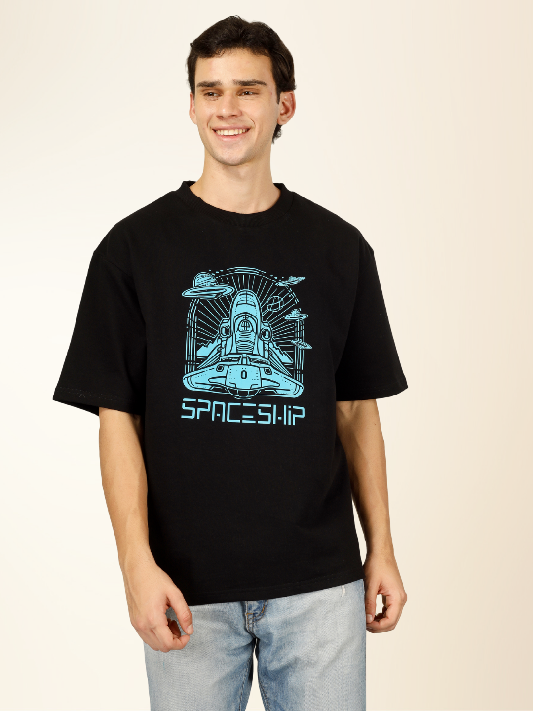 Men’s Oversized Graphic Cotton T-Shirt – Drop Shoulder Street Style Tee - Black