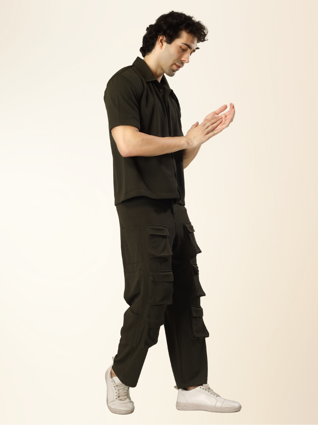 Men’s Olive Cargo Pants & Shirt Set – 12-Pocket Utility Design with Smart Casual Style