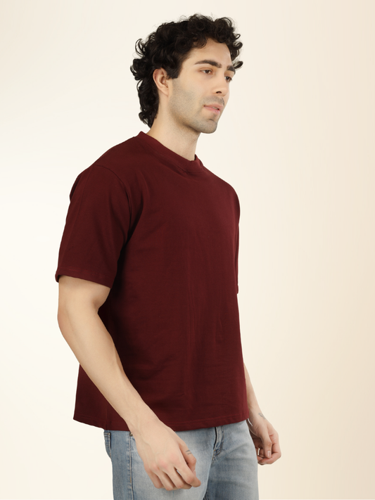Men’s Drop Shoulder Plain Tee – Relaxed Fit, Everyday Wear - Maroon