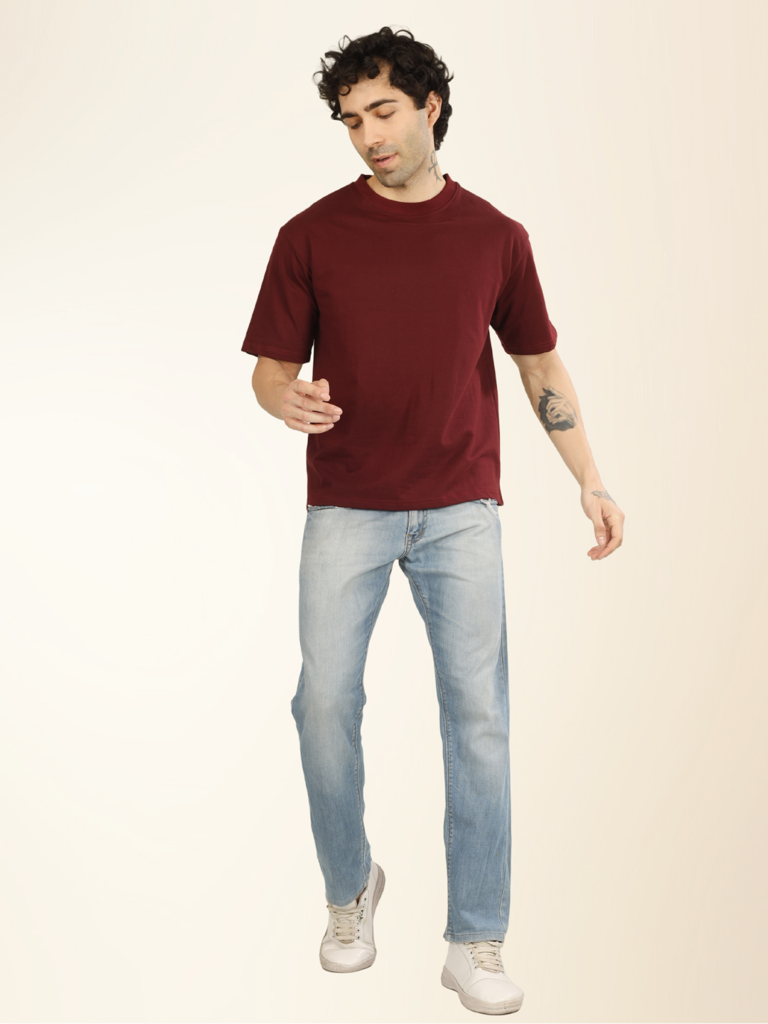 Men’s Drop Shoulder Plain Tee – Relaxed Fit, Everyday Wear - Maroon
