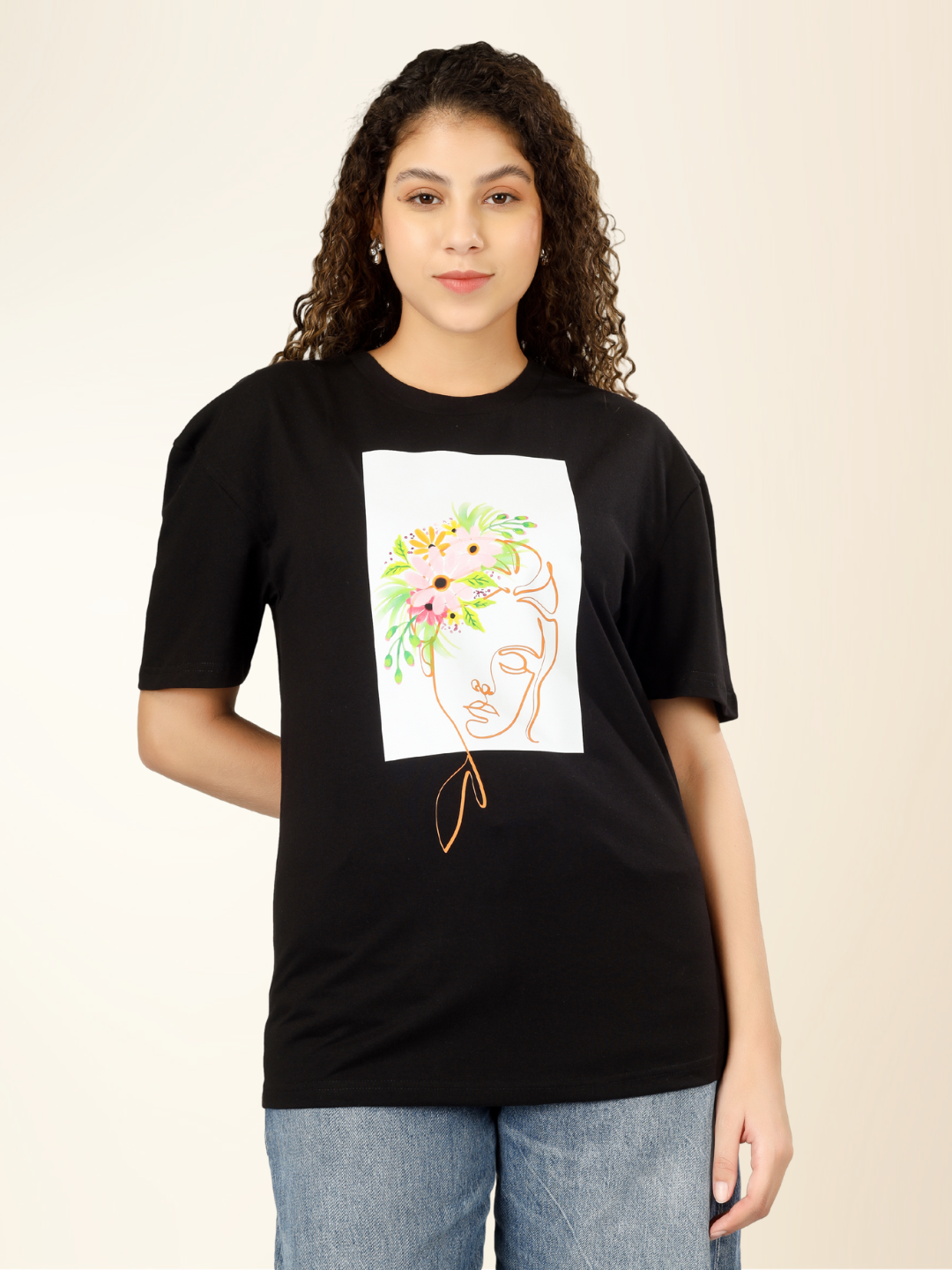 Floral Face Art Black T-shirt