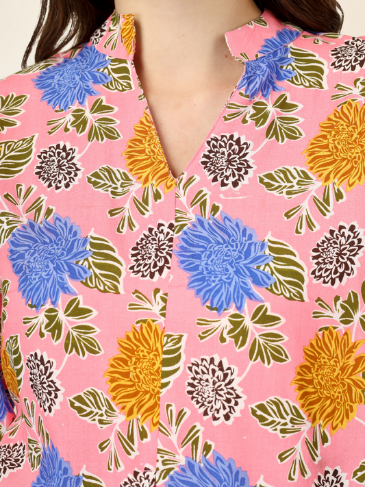 Multicolor Floral Co-ord Night Suit – Soft Rayon Shirt & Lounge Pajama Set