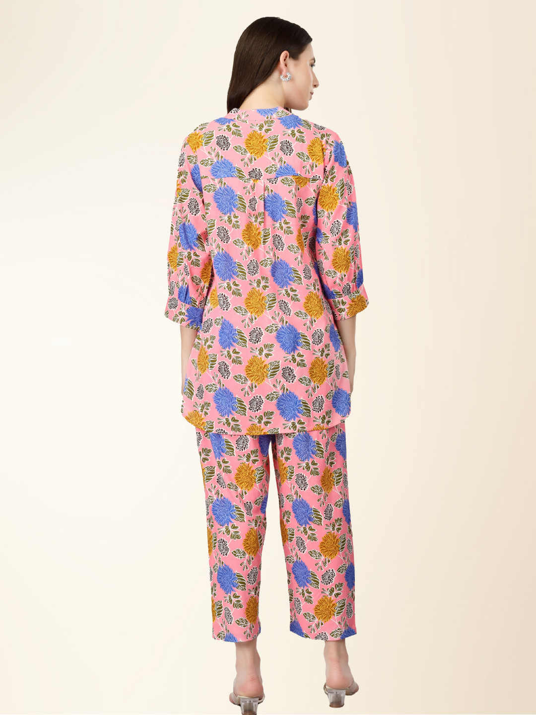 Multicolor Floral Co-ord Night Suit – Soft Rayon Shirt & Lounge Pajama Set