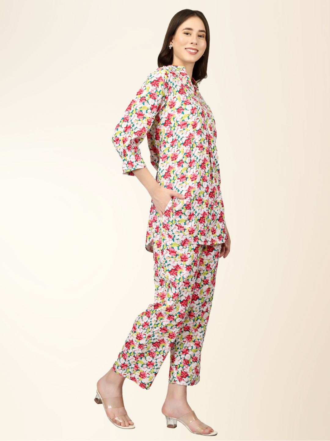 Floral Multicolor Co-ord Set – Soft Shirt & Pajama Nightwear for Women