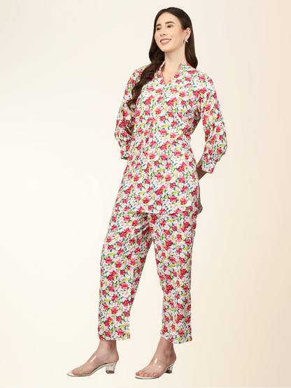 Floral Multicolor Co-ord Set – Soft Shirt & Pajama Nightwear for Women