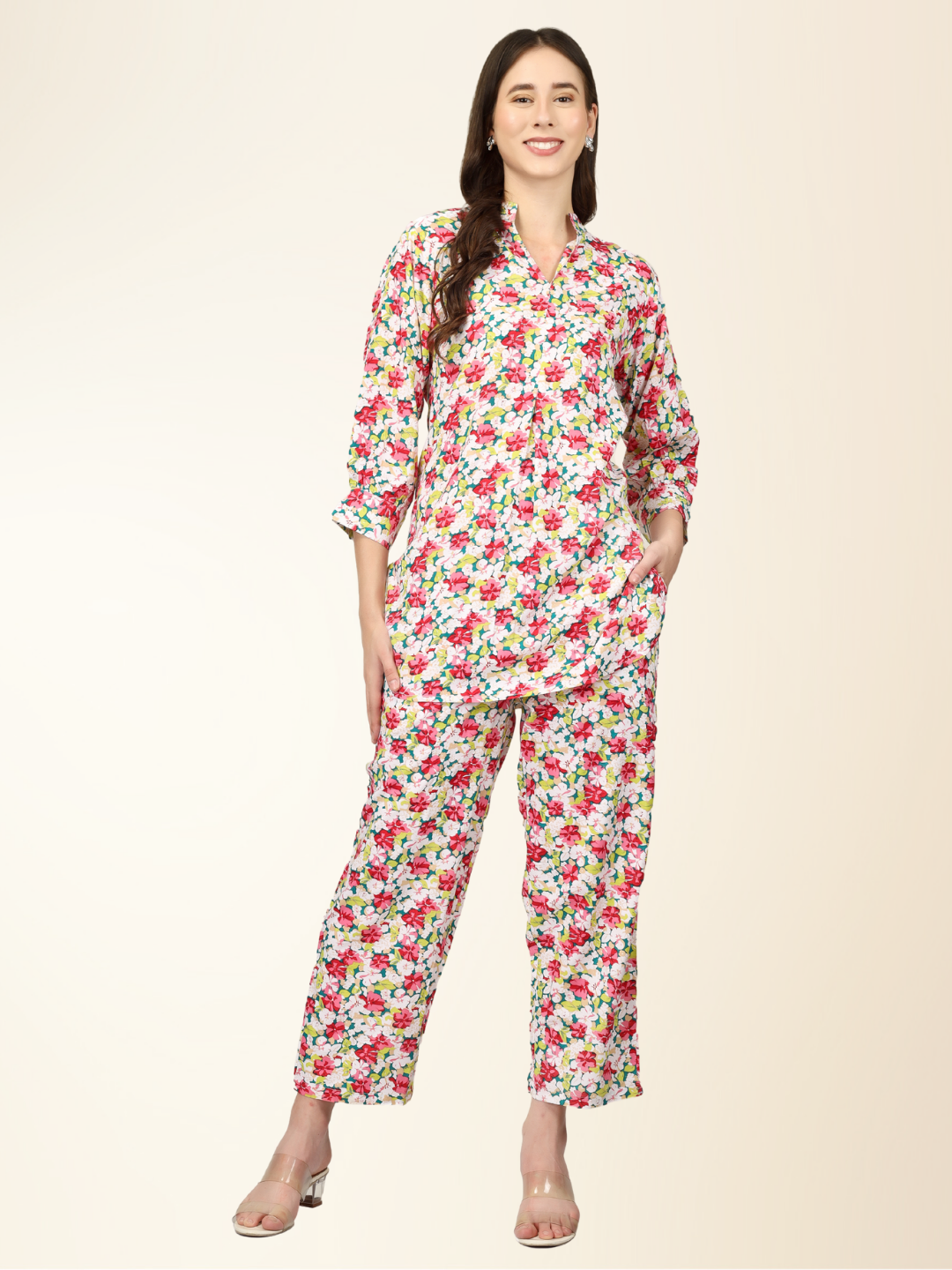 Floral Multicolor Co-ord Set – Soft Shirt & Pajama Nightwear for Women