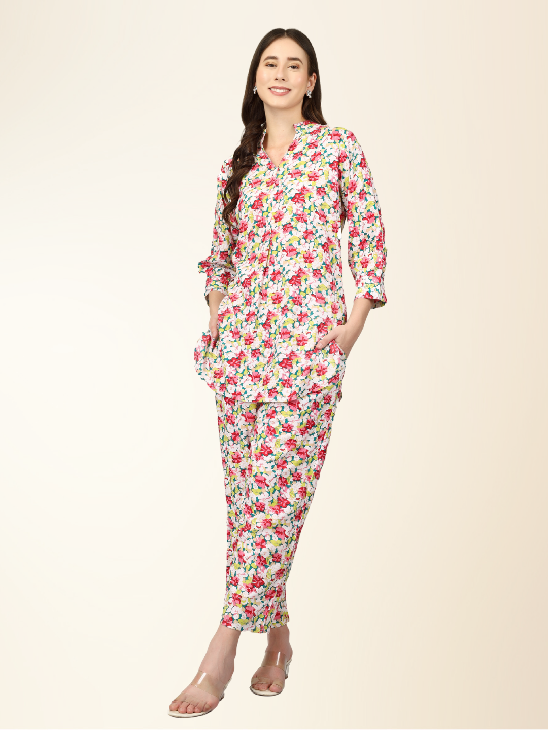 Floral Multicolor Co-ord Set – Soft Shirt & Pajama Nightwear for Women