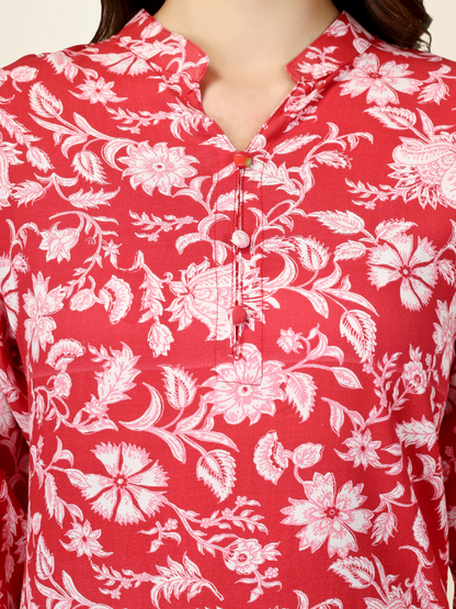 Red Floral Printed Straight Kurti – Elegant Rayon Blend for Everyday & Festive Wear