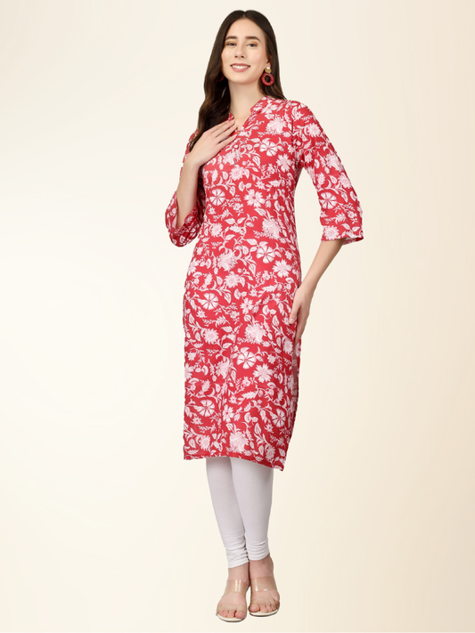 Red Floral Printed Straight Kurti – Elegant Rayon Blend for Everyday & Festive Wear