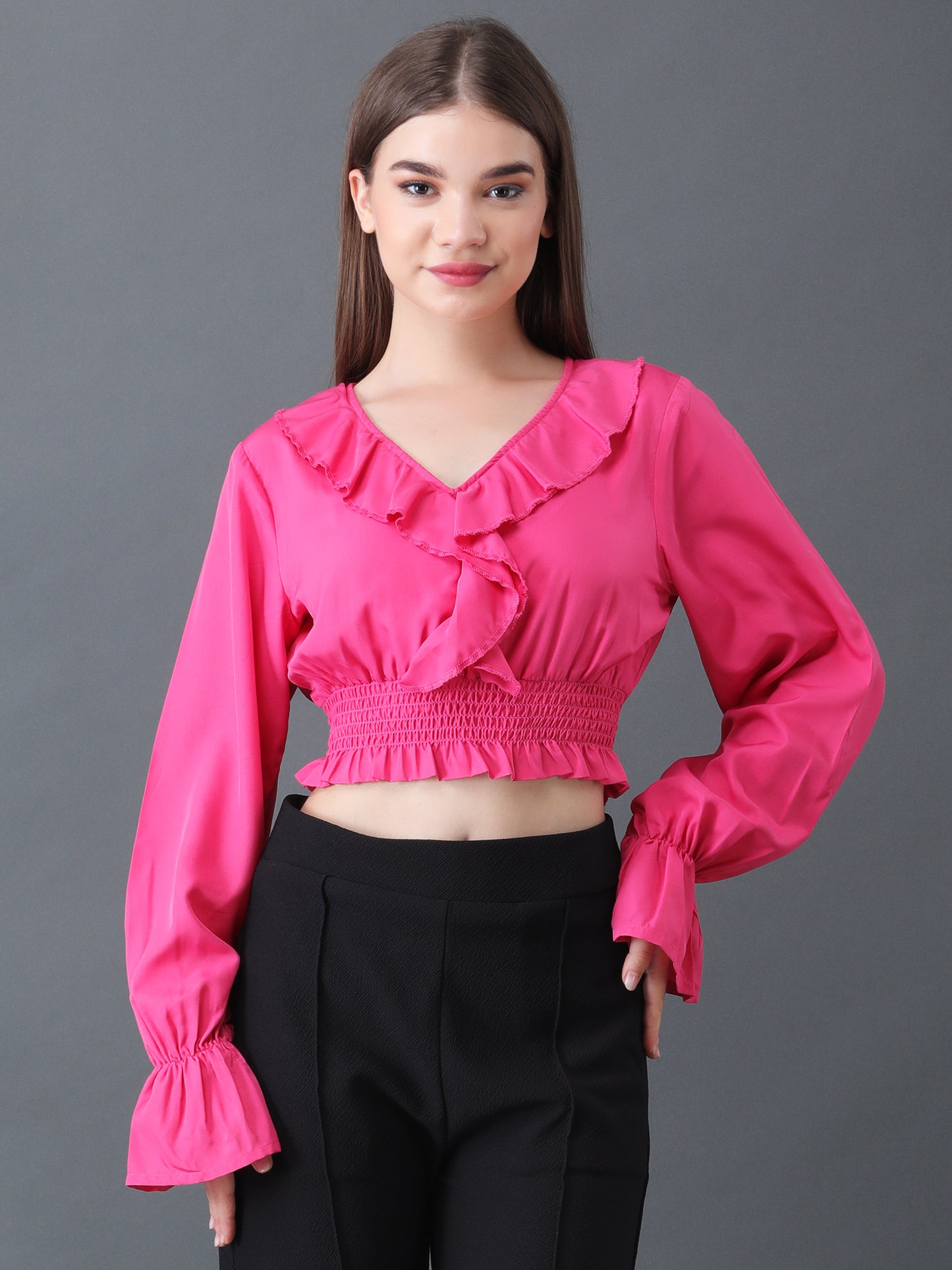 Pink Ruffled Crop Top with Smocked Waist
