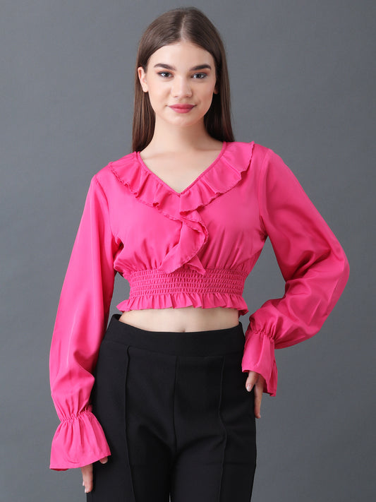 Pink Ruffled Crop Top with Smocked Waist