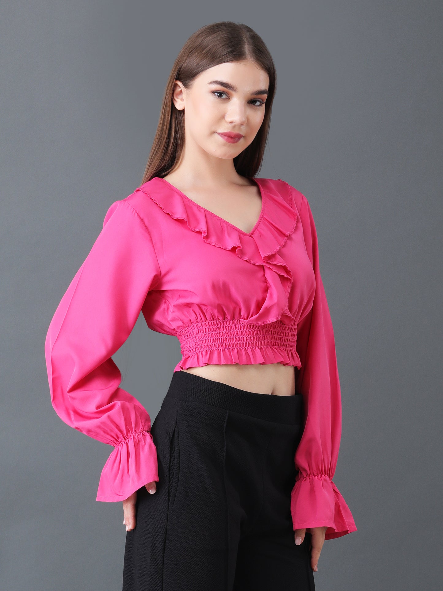 Pink Ruffled Crop Top with Smocked Waist