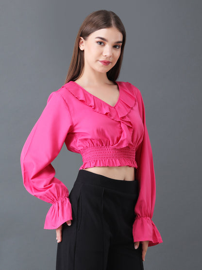 Pink Ruffled Crop Top with Smocked Waist