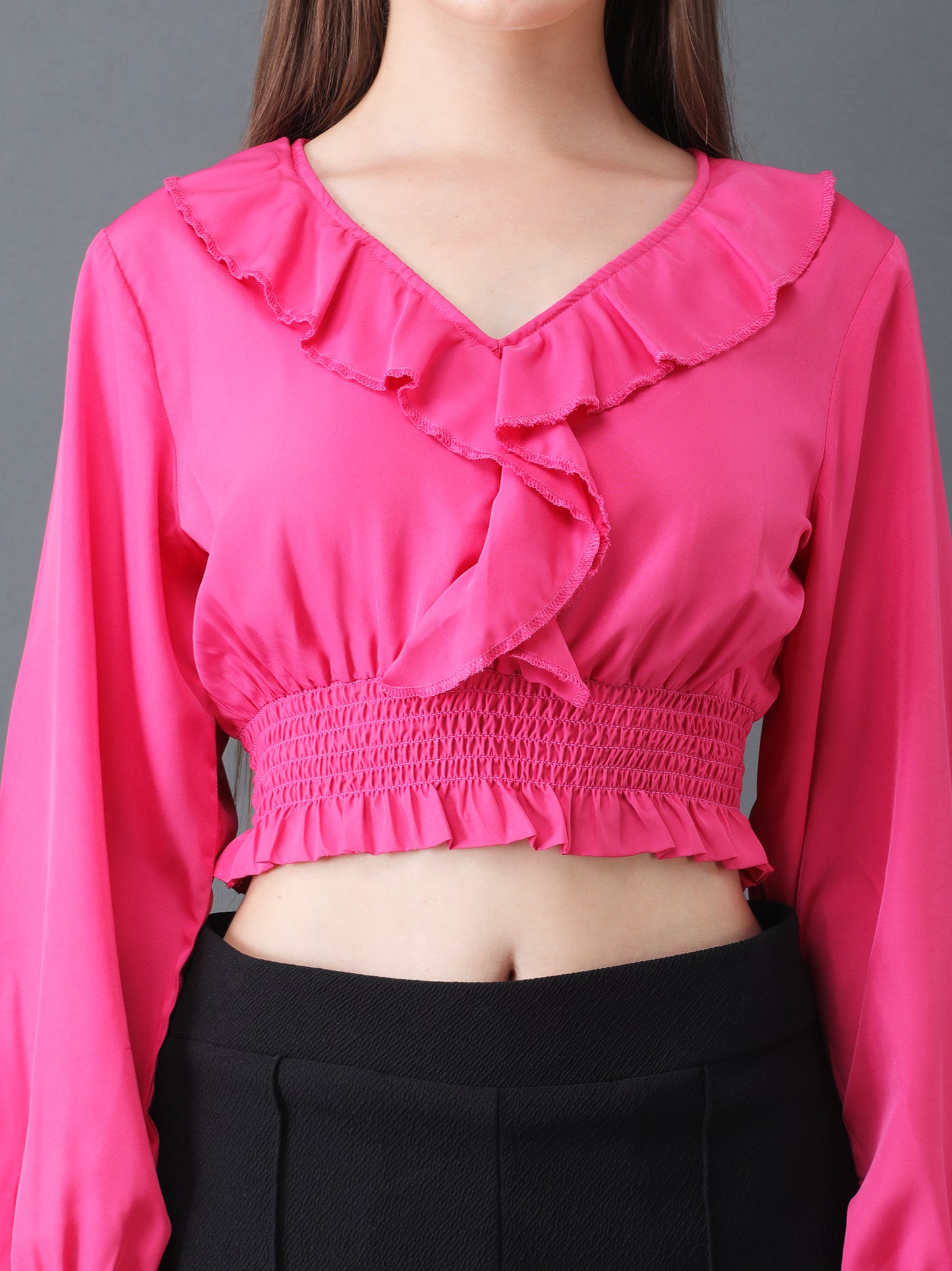 Pink Ruffled Crop Top with Smocked Waist