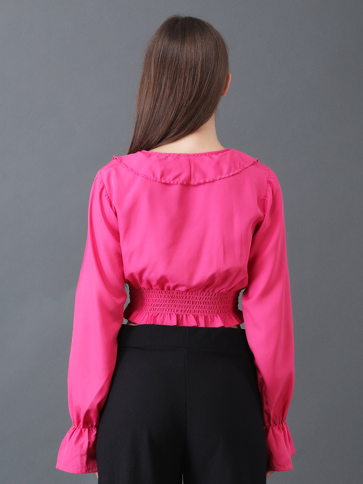 Pink Ruffled Crop Top with Smocked Waist