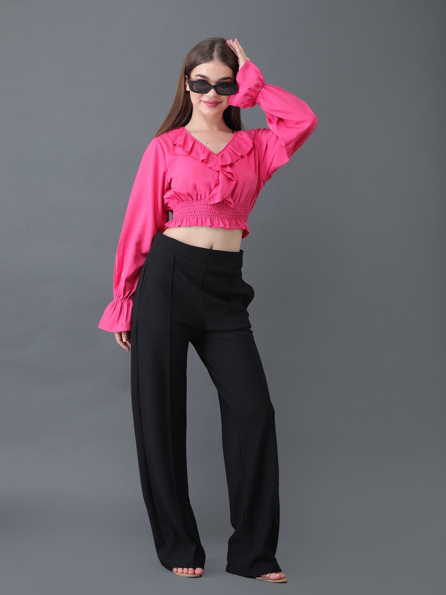 Pink Ruffled Crop Top with Smocked Waist