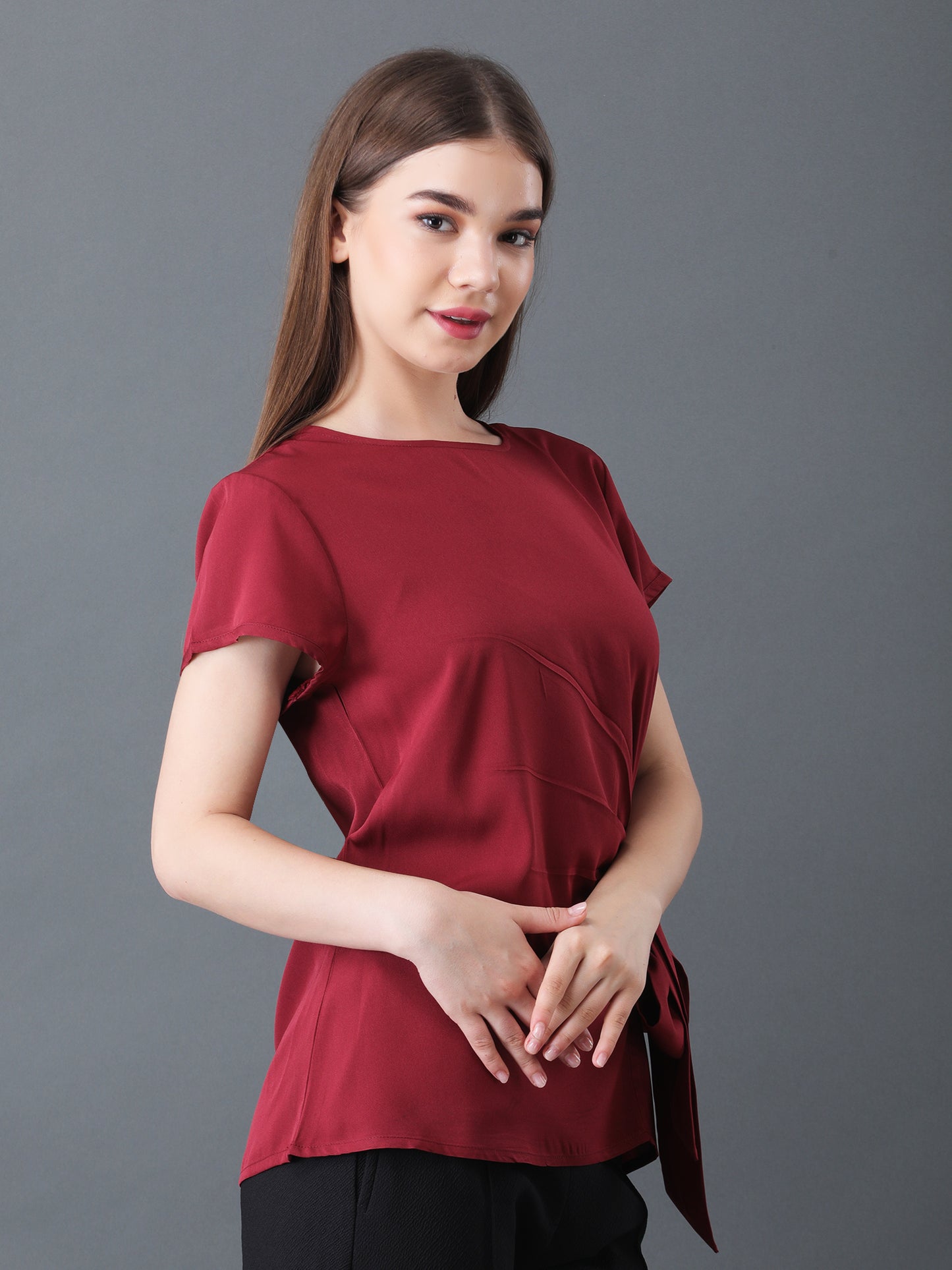 Maroon Short Sleeve Top with Side Tie