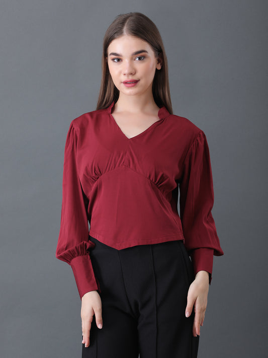 Women's Maroon V-Neck Long Sleeve Crop Top