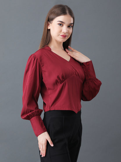 Women's Maroon V-Neck Long Sleeve Crop Top