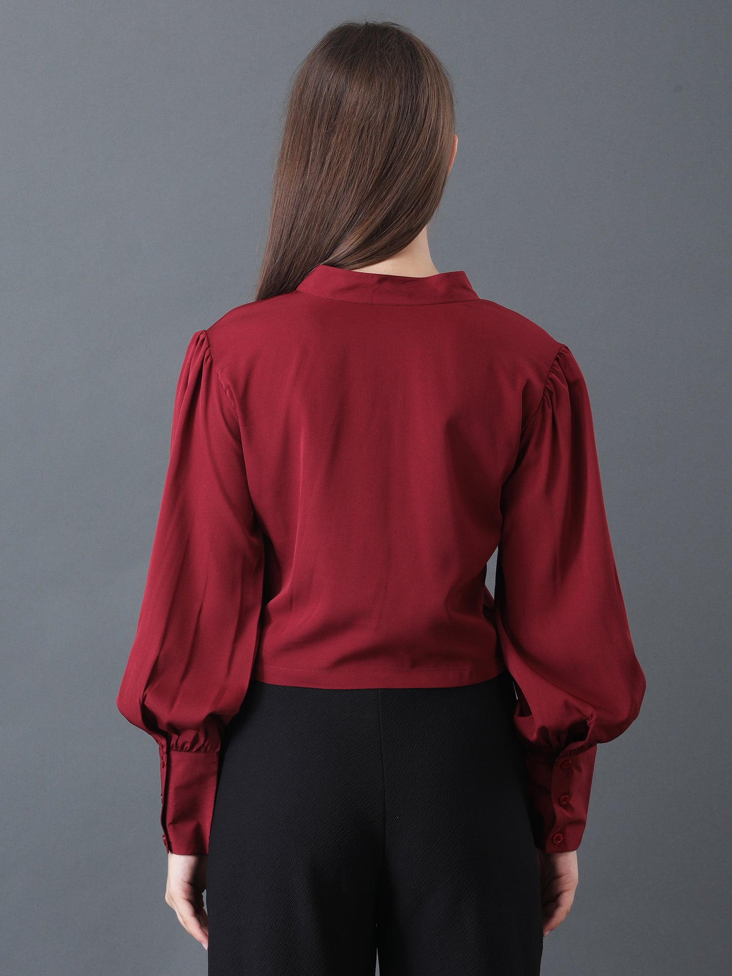 Women's Maroon V-Neck Long Sleeve Crop Top